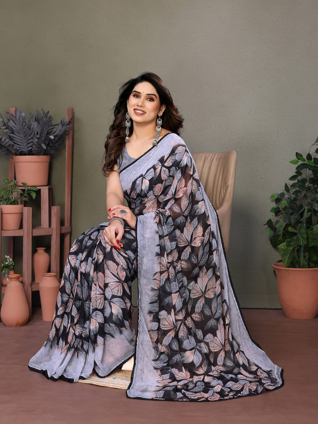 Fabrica Vibe Grey Floral Leaf Printed Georgette Saree with Designer Blouse