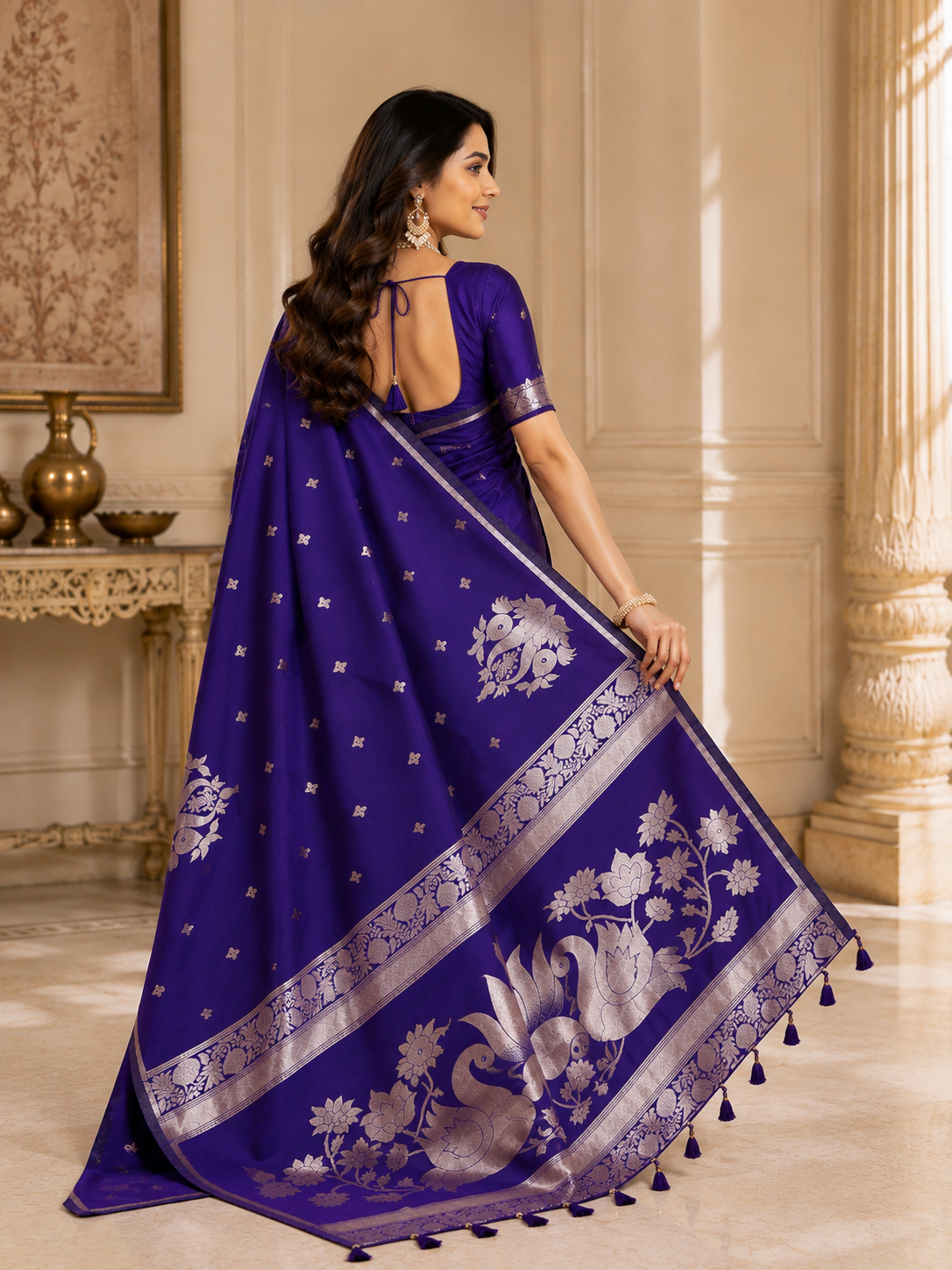 Fabrica Vibe Women’s Premium Purple Silk Saree with Elegant Silver Floral & Lotus Zari Work  Traditional Indian Ethnic Saree for Festive, Wedding & Party Wear