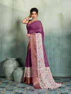 Fabrica Vibe Plum Purple Linen Handwoven Saree with Floral Bird Print & Woven Border