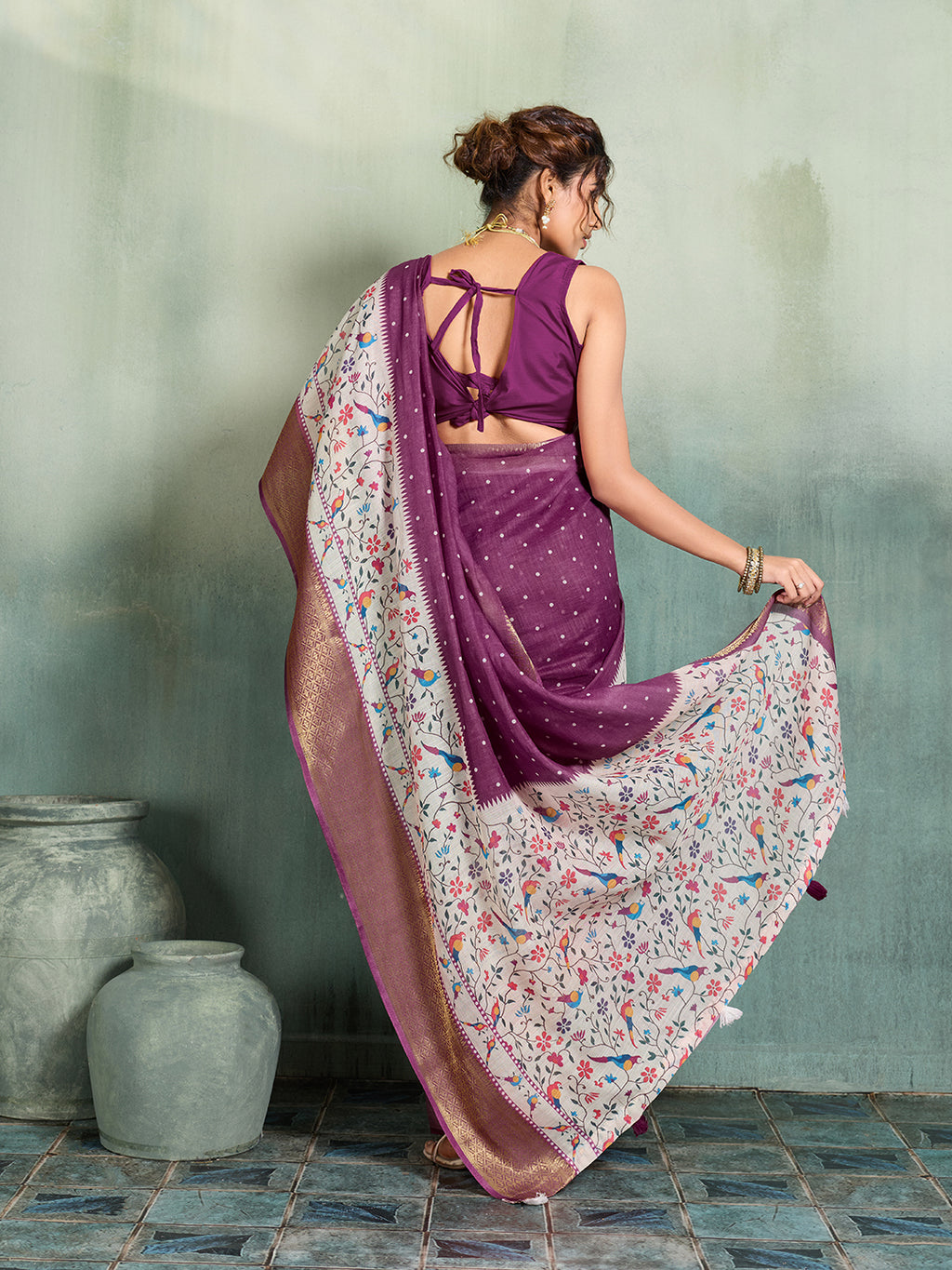 Fabrica Vibe Plum Purple Linen Handwoven Saree with Floral Bird Print & Woven Border