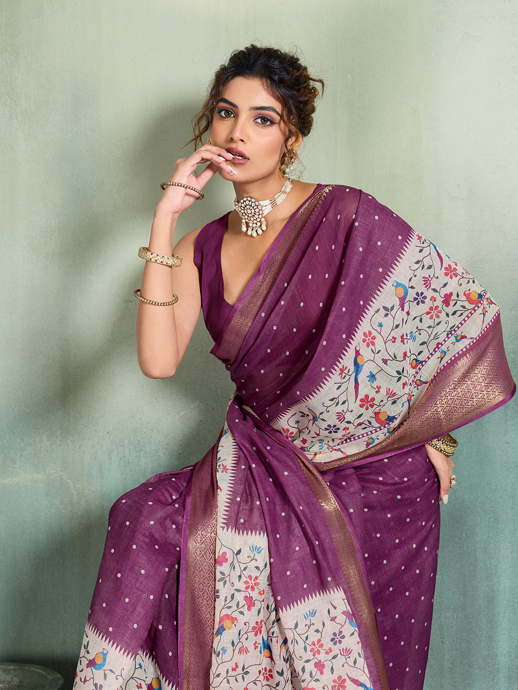 Fabrica Vibe Plum Purple Linen Handwoven Saree with Floral Bird Print & Woven Border
