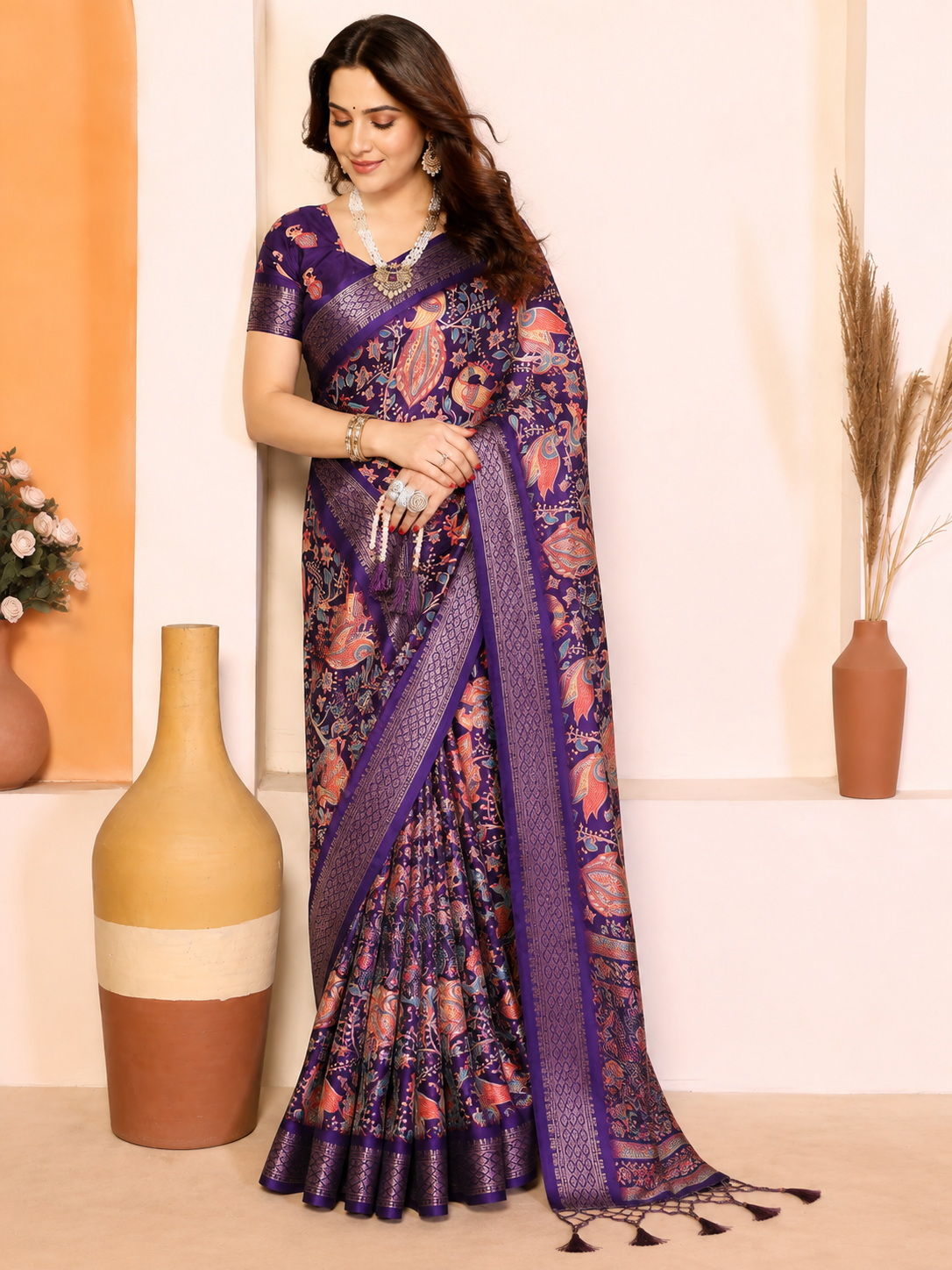 Fabrica Vibe Premium Cotton Silk Purple Kalamkari Print Saree with Zari Woven Border