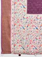 Fabrica Vibe Plum Purple Linen Handwoven Saree with Floral Bird Print & Woven Border