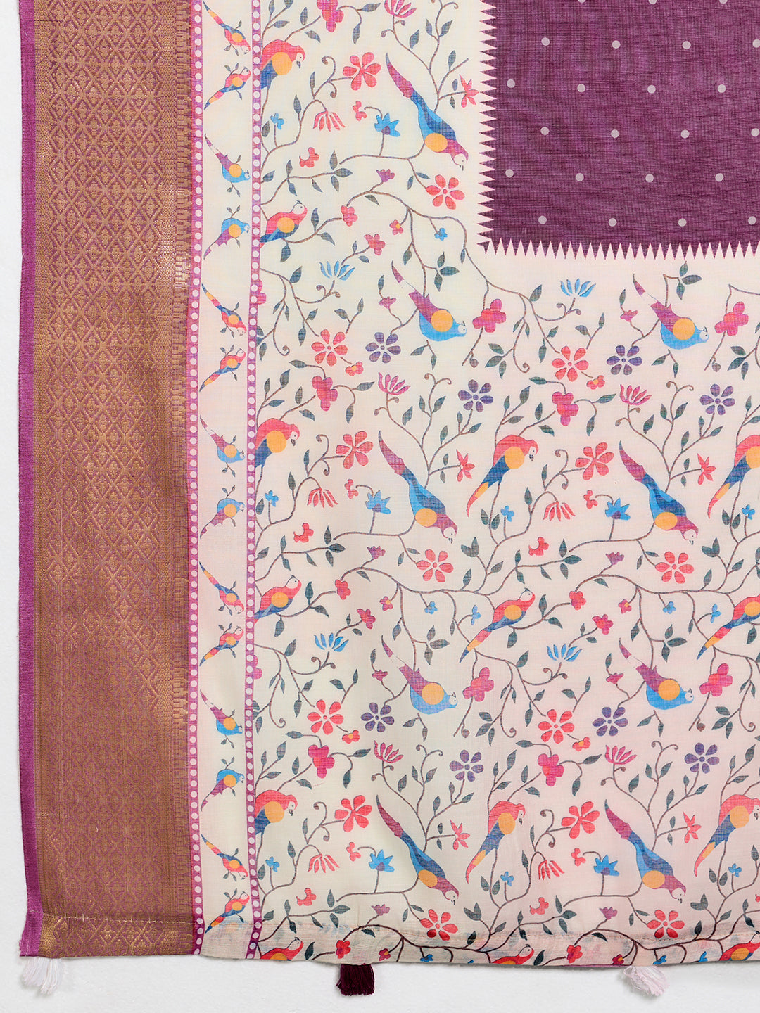 Fabrica Vibe Plum Purple Linen Handwoven Saree with Floral Bird Print & Woven Border