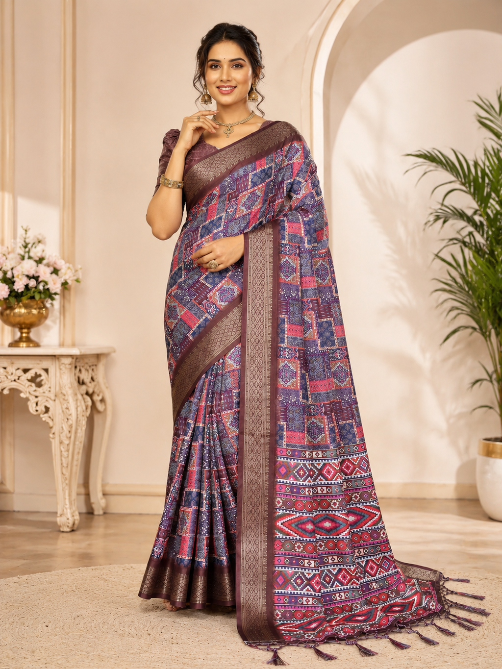 Fabrica Vibe Purple Floral Handwoven Cotton Saree with Unstitched Blouse Piece