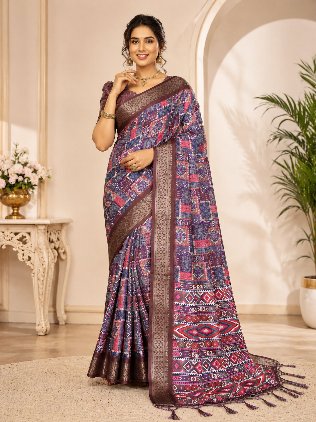 Fabrica Vibe Purple Floral Handwoven Cotton Saree with Unstitched Blouse Piece