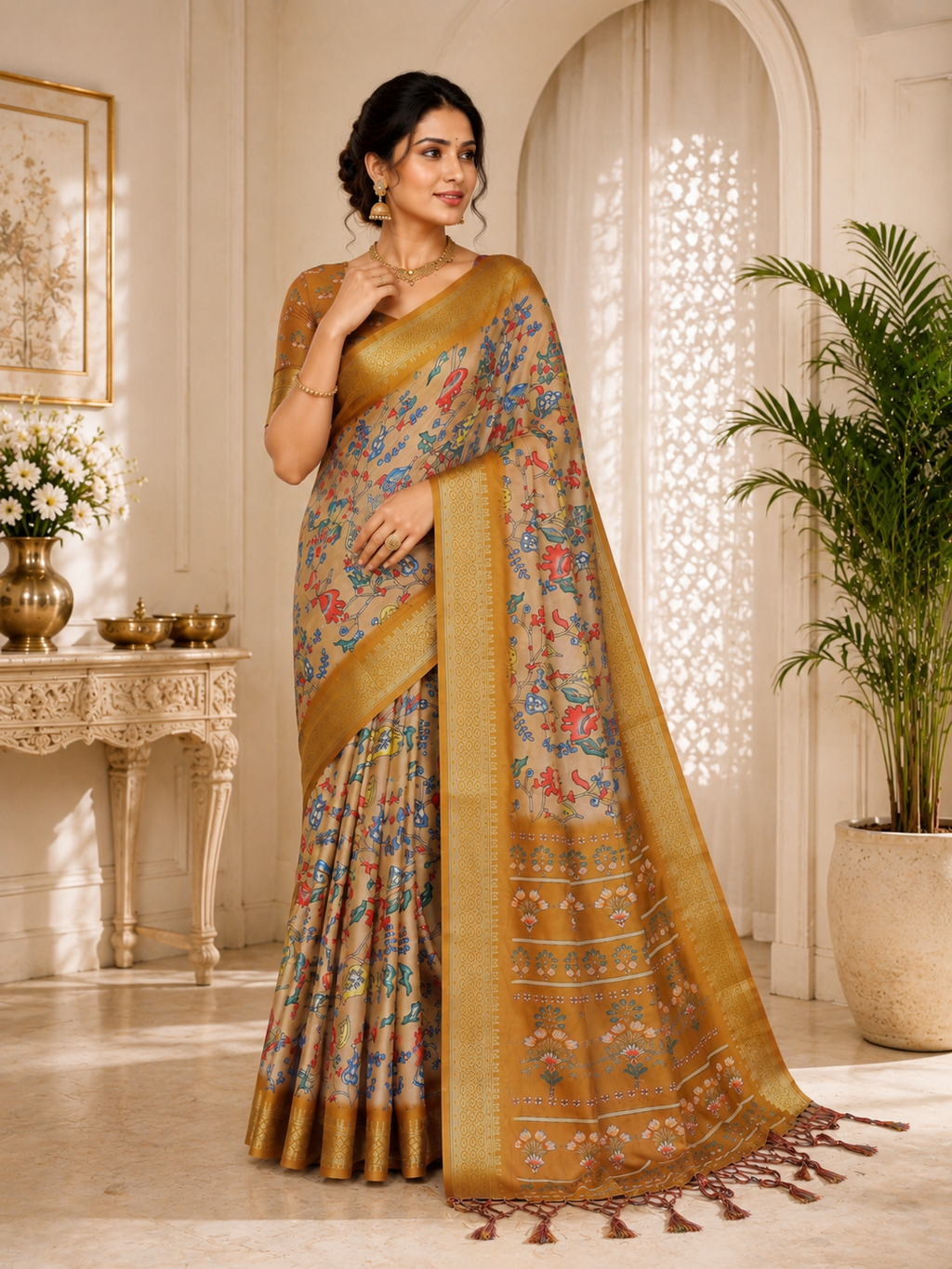 Fabrica Vibe Women's Premium Handwoven Cotton Floral Woven Design Saree with Unstitched Blouse | Traditional Bengal Handloom | Festive Wear