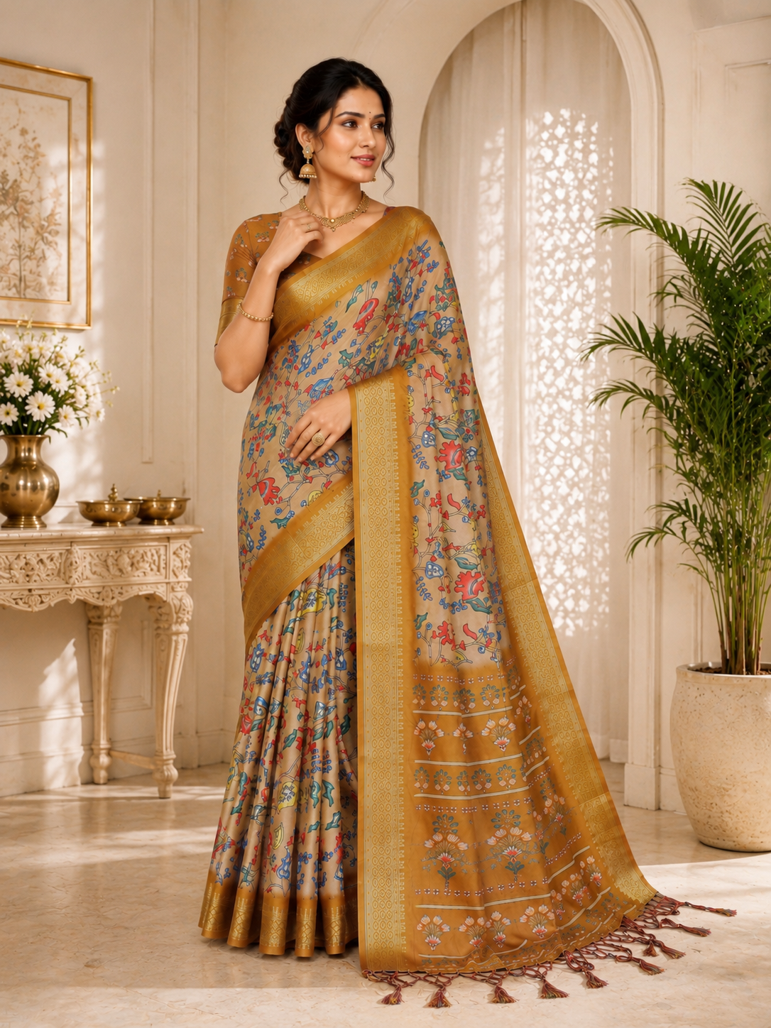 Fabrica Vibe Women's Premium Handwoven Cotton Floral Woven Design Saree with Unstitched Blouse | Traditional Bengal Handloom | Festive Wear