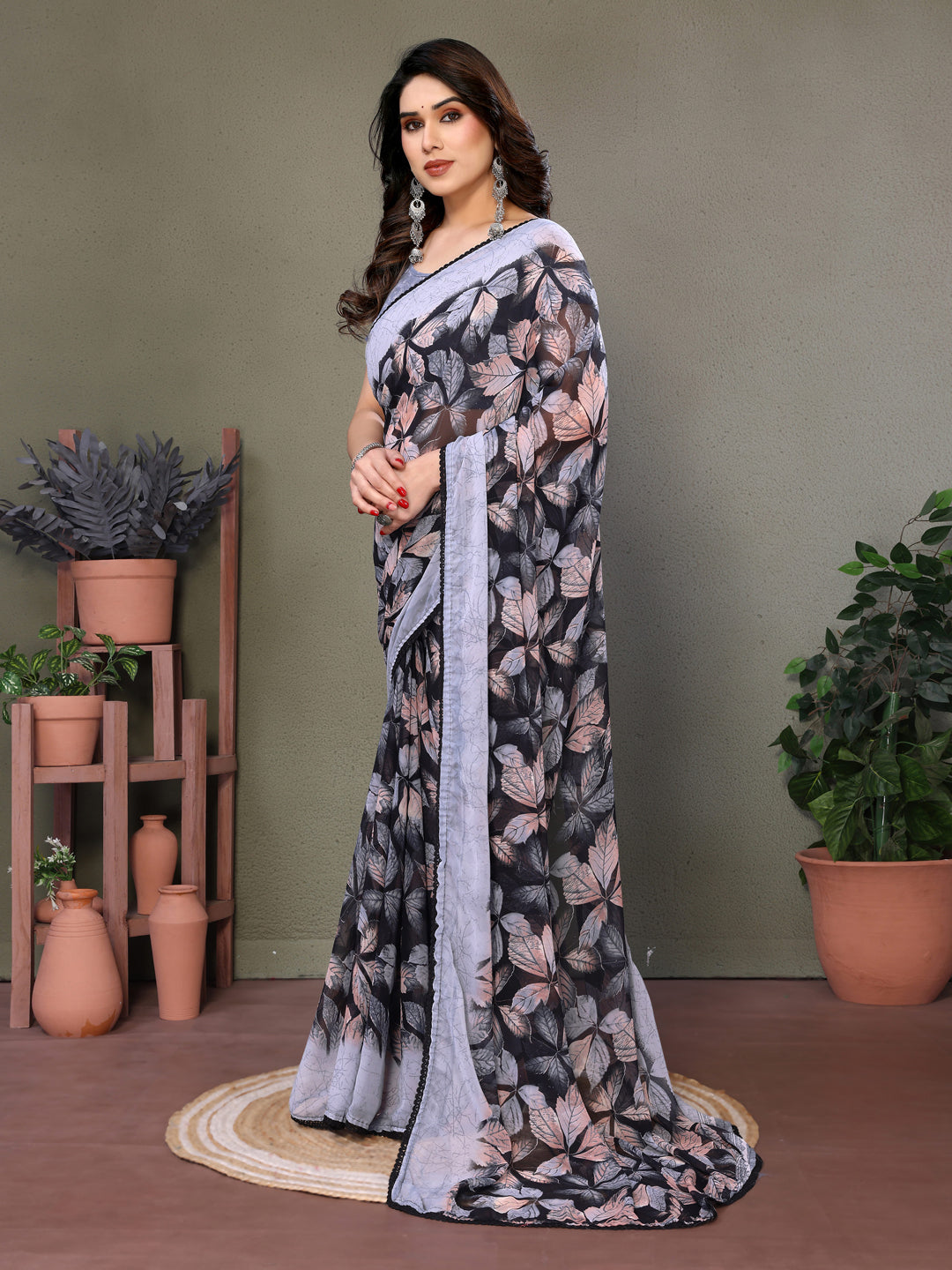 Fabrica Vibe Grey Floral Leaf Printed Georgette Saree with Designer Blouse