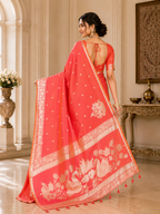 Fabrica Vibe Coral Pink Banarasi Inspired Silk Blend Saree with Golden Swan & Lotus Zari Weaving
