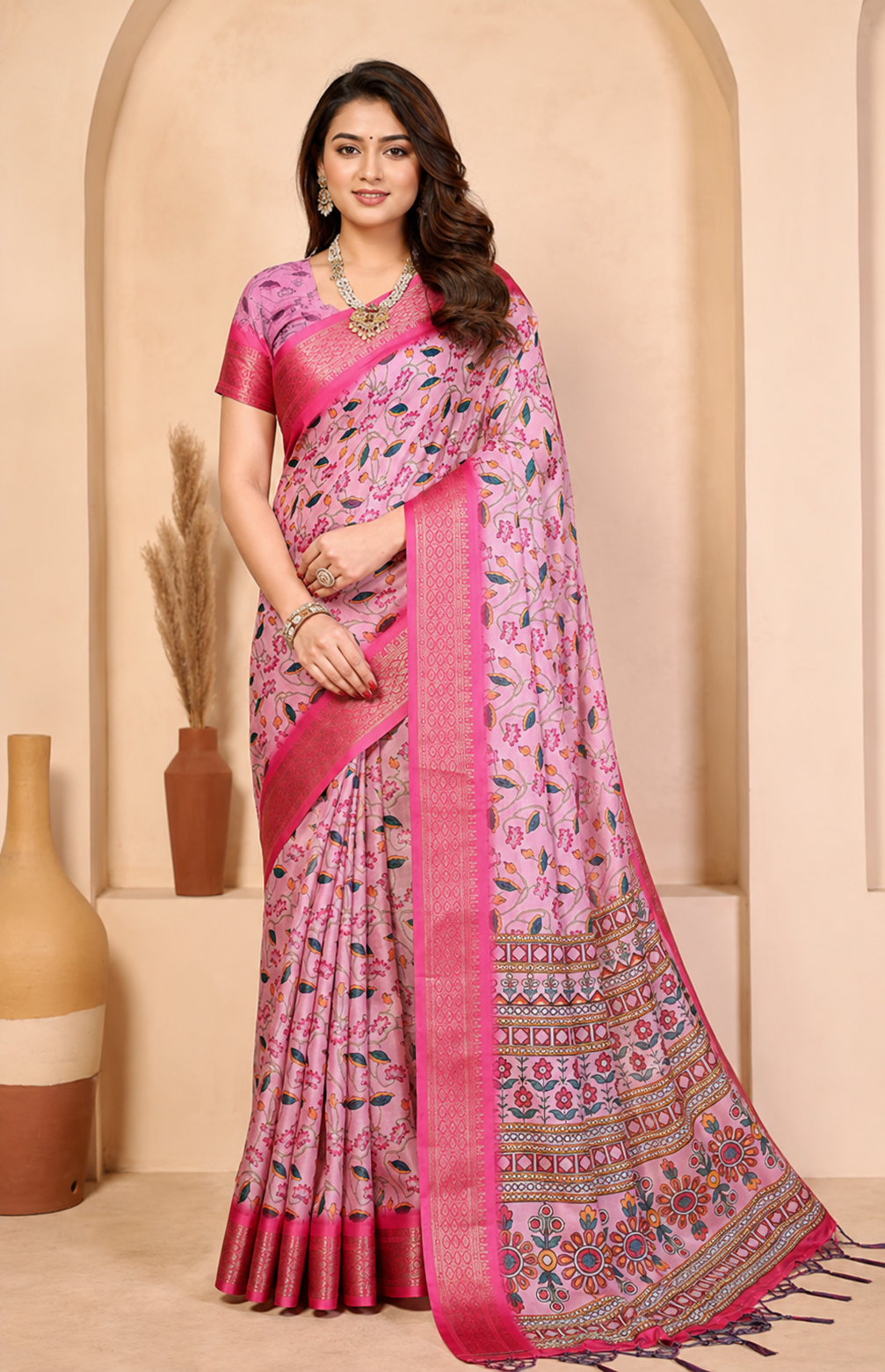 Fabrica Vibe Premium Cotton Silk Baby Pink Kalamkari Print Saree with Zari Woven Border