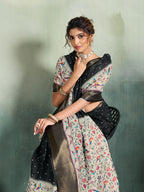 Fabrica Vibe Black & Multicolor Handwoven Linen Saree with Floral & Bird Motifs