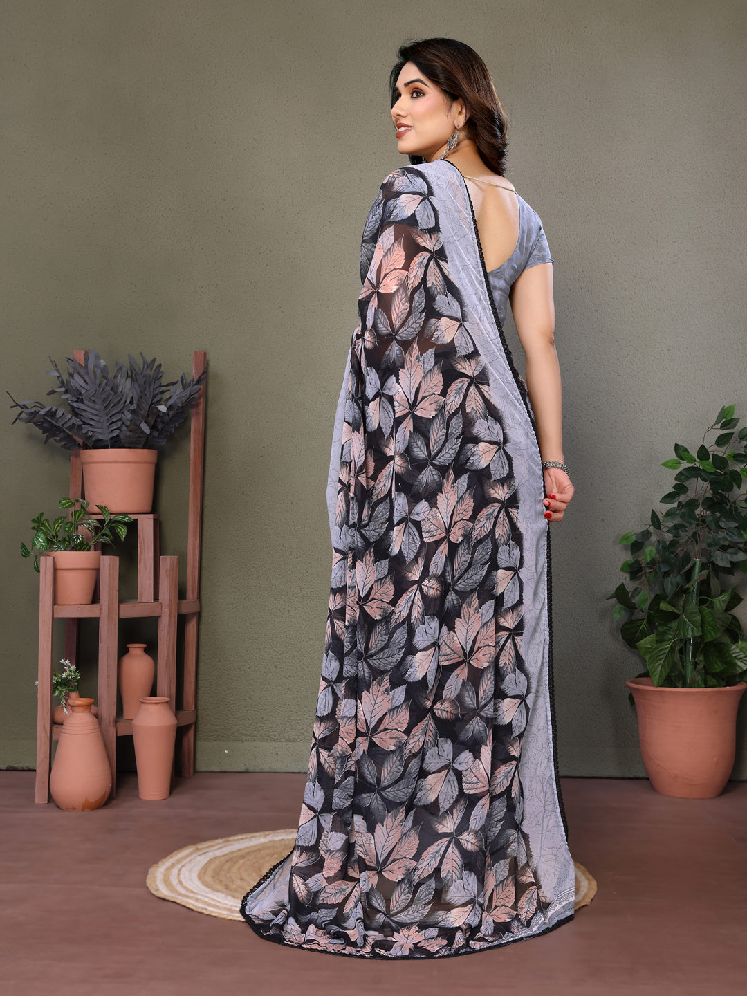 Fabrica Vibe Grey Floral Leaf Printed Georgette Saree with Designer Blouse