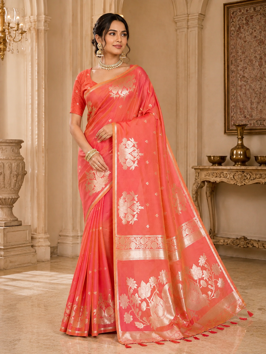 Fabrica Vibe Coral Pink Banarasi Inspired Silk Blend Saree with Golden Swan & Lotus Zari Weaving