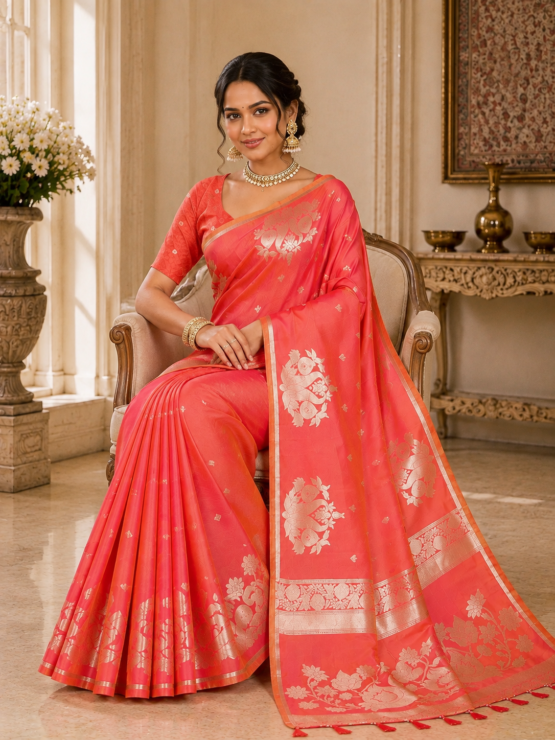 Fabrica Vibe Coral Pink Banarasi Inspired Silk Blend Saree with Golden Swan & Lotus Zari Weaving