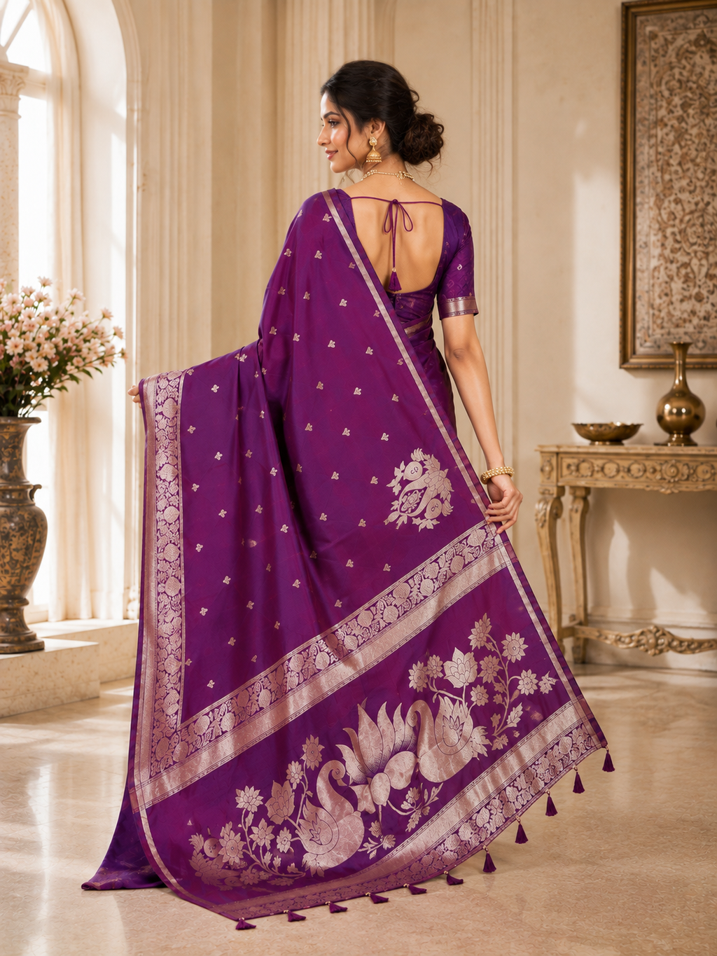 Fabrica Vibe Royal Purple Banarasi Inspired Silk Blend Saree with Swan & Lotus Zari Weaving