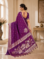 Fabrica Vibe Royal Purple Banarasi Inspired Silk Blend Saree with Swan & Lotus Zari Weaving
