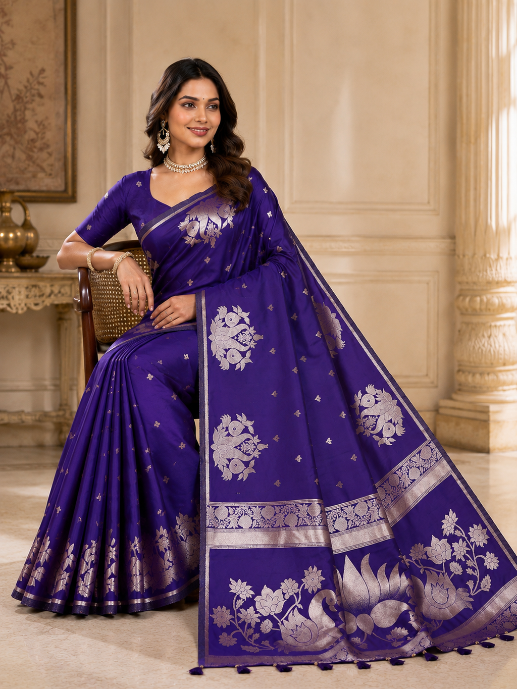 Fabrica Vibe Women’s Premium Purple Silk Saree with Elegant Silver Floral & Lotus Zari Work  Traditional Indian Ethnic Saree for Festive, Wedding & Party Wear