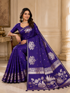 Fabrica Vibe Women’s Premium Purple Silk Saree with Elegant Silver Floral & Lotus Zari Work  Traditional Indian Ethnic Saree for Festive, Wedding & Party Wear