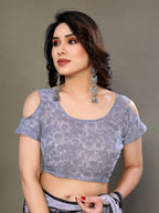 Fabrica Vibe Grey Floral Leaf Printed Georgette Saree with Designer Blouse