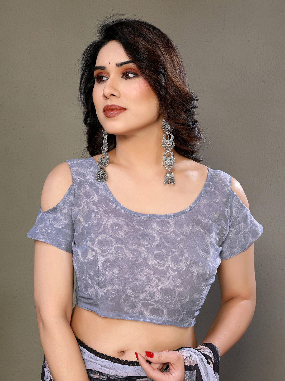 Fabrica Vibe Grey Floral Leaf Printed Georgette Saree with Designer Blouse