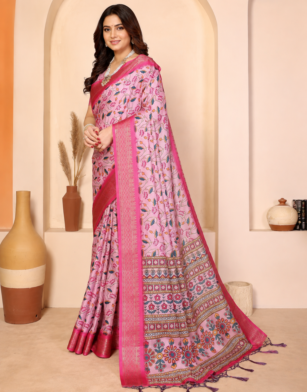 Fabrica Vibe Premium Cotton Silk Baby Pink Kalamkari Print Saree with Zari Woven Border