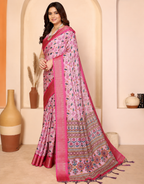 Fabrica Vibe Premium Cotton Silk Baby Pink Kalamkari Print Saree with Zari Woven Border