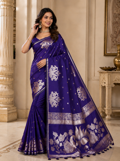 Fabrica Vibe Women’s Premium Purple Silk Saree with Elegant Silver Floral & Lotus Zari Work  Traditional Indian Ethnic Saree for Festive, Wedding & Party Wear