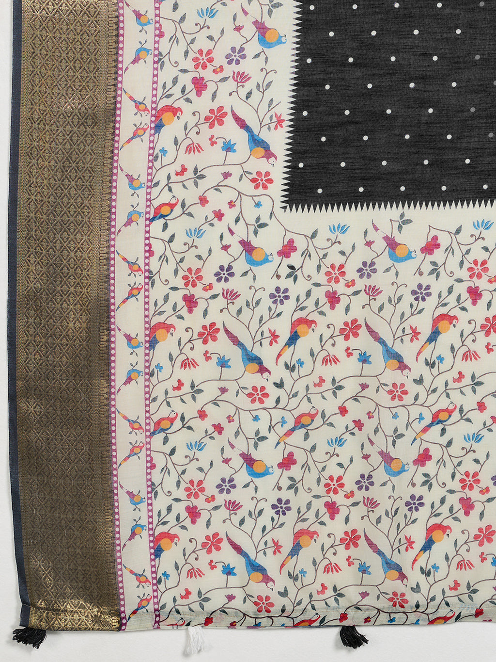 Fabrica Vibe Black & Multicolor Handwoven Linen Saree with Floral & Bird Motifs