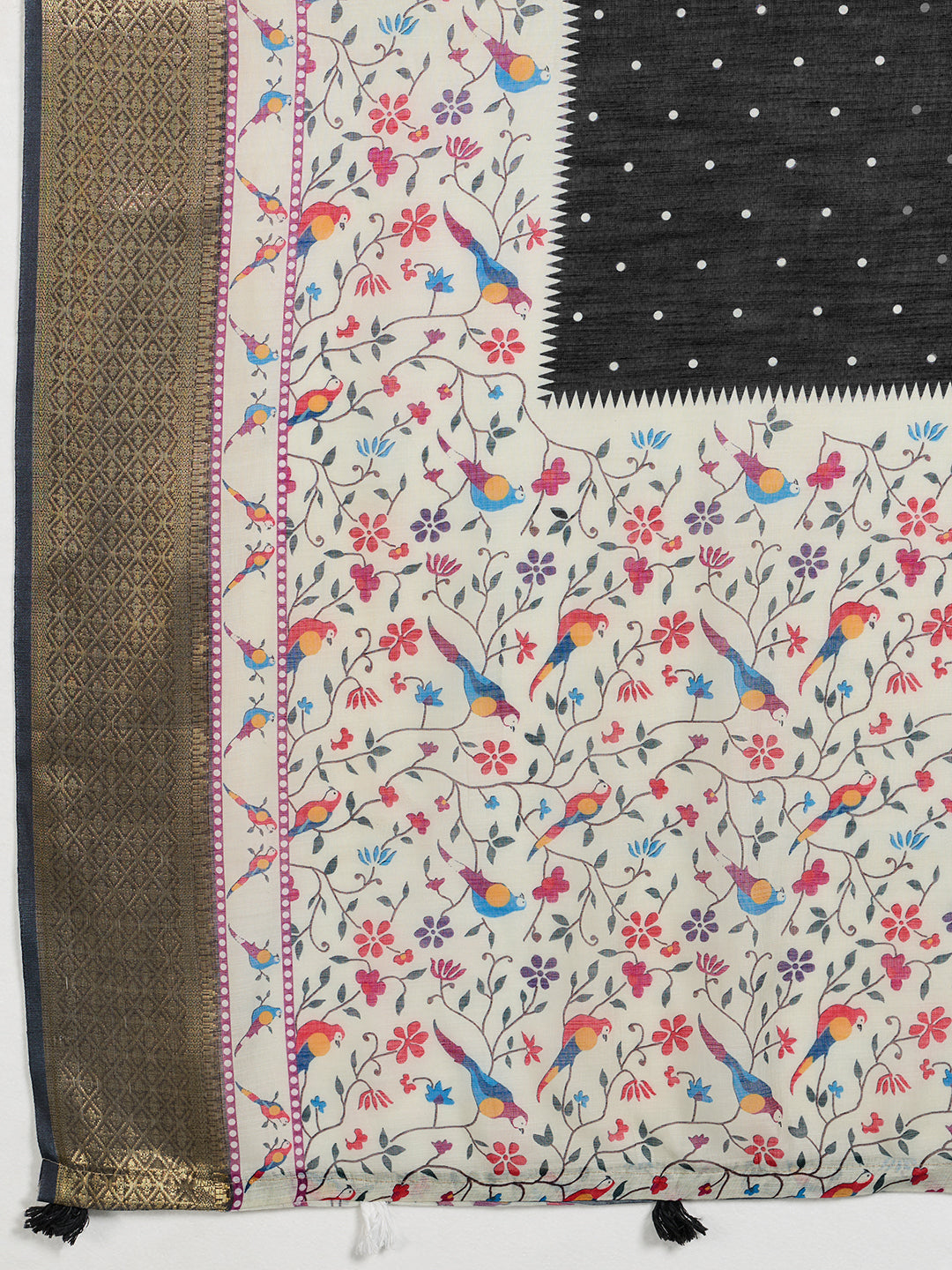 Fabrica Vibe Black & Multicolor Handwoven Linen Saree with Floral & Bird Motifs