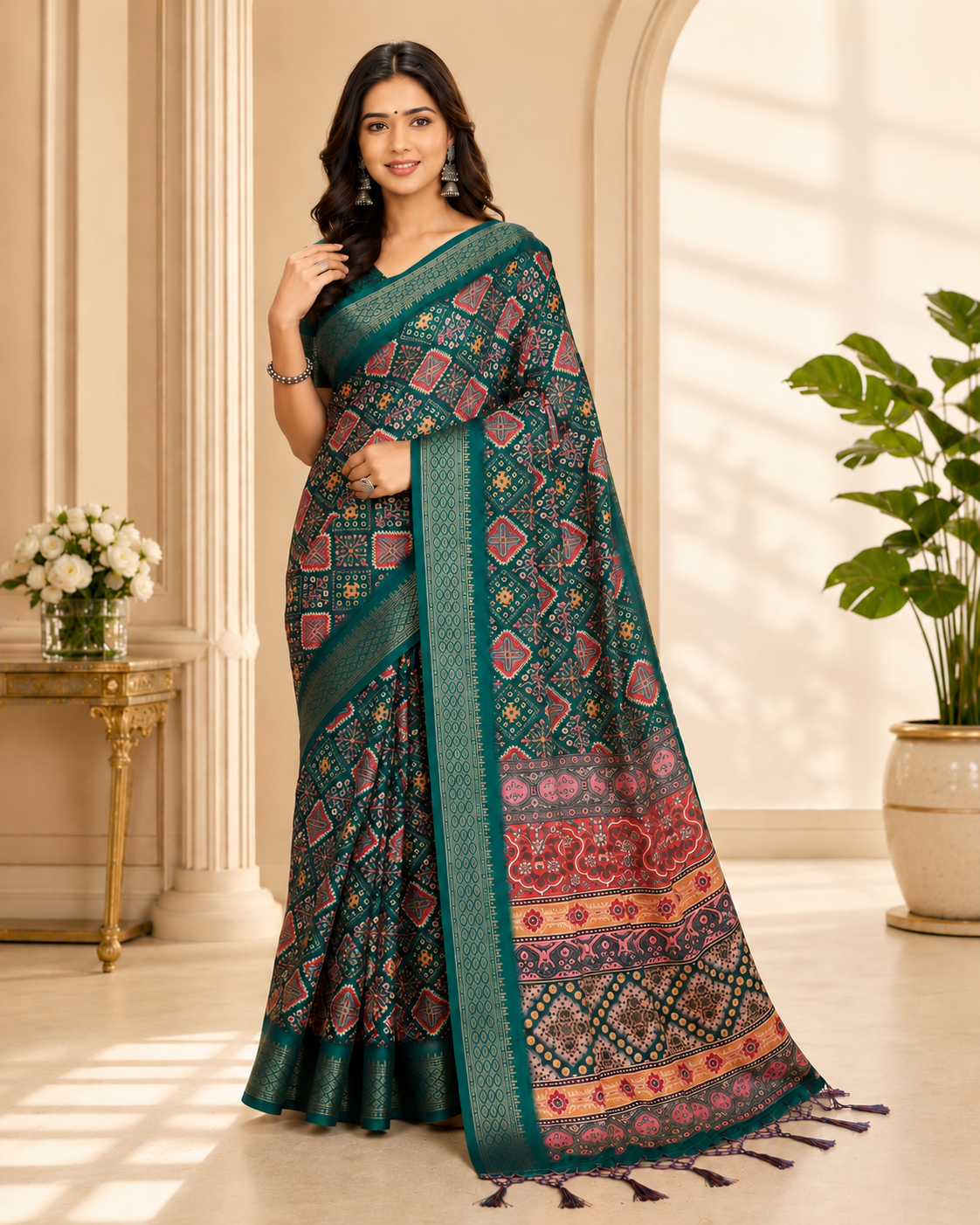 Fabrica Vibe Women's Green Printed Soft Silk Saree with Woven Border & Designer Pallu