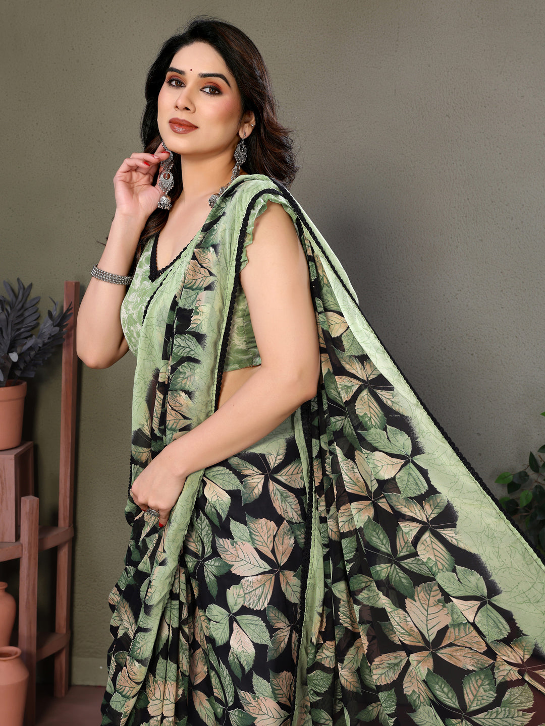 Fabrica Vibe Sage Green Floral Leaf Printed Saree with Designer Blouse