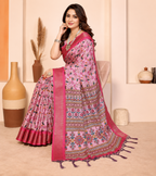 Fabrica Vibe Premium Cotton Silk Baby Pink Kalamkari Print Saree with Zari Woven Border