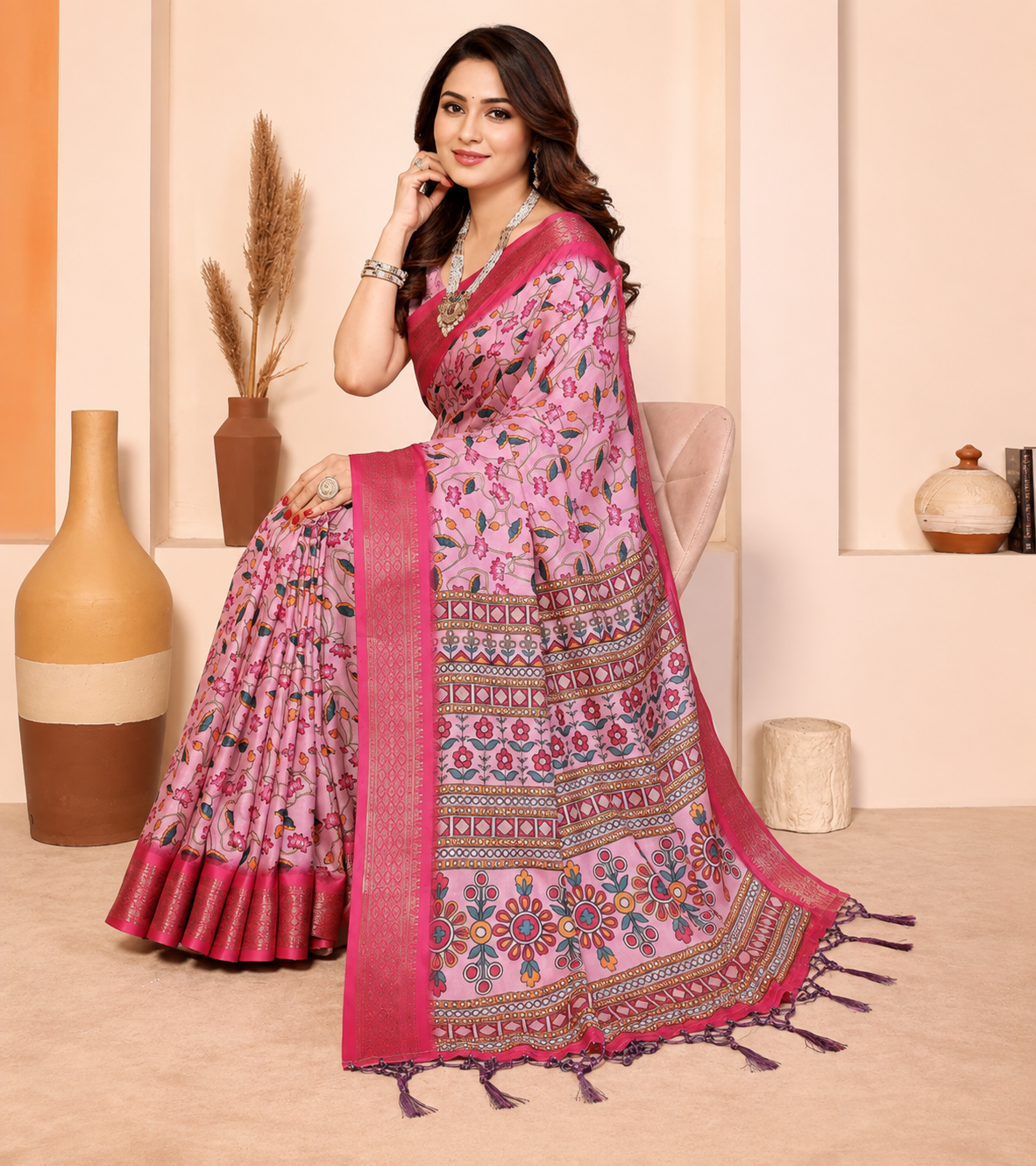 Fabrica Vibe Premium Cotton Silk Baby Pink Kalamkari Print Saree with Zari Woven Border