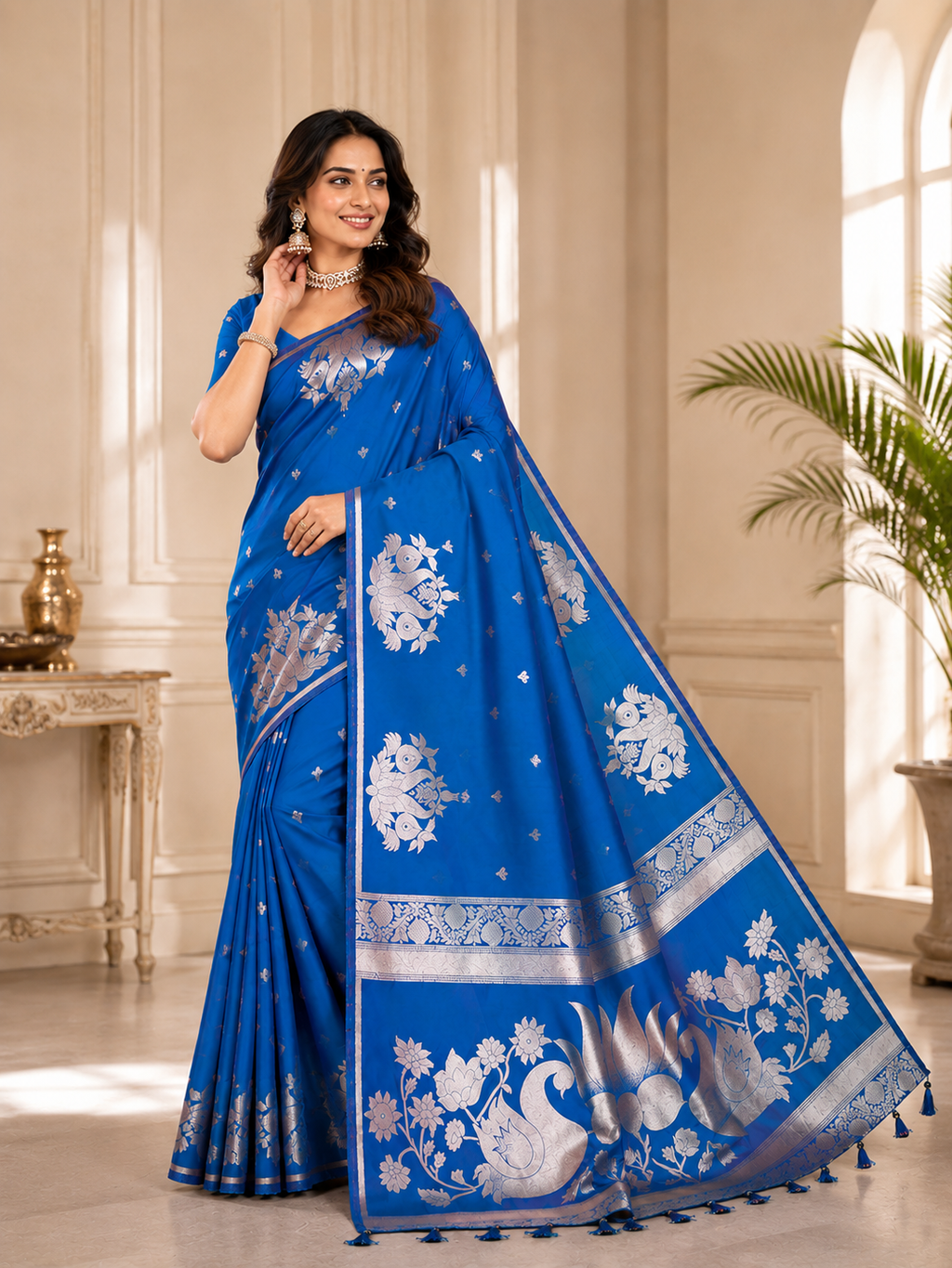Fabrica Vibe Royal Blue Banarasi Woven Saree with Silver Zari Swan & Lotus Motifs