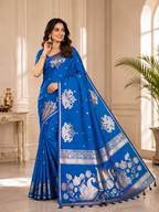 Fabrica Vibe Royal Blue Banarasi Woven Saree with Silver Zari Swan & Lotus Motifs