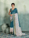 Fabrica Vibe Teal Blue Handwoven Linen Saree with Floral & Bird Motifs