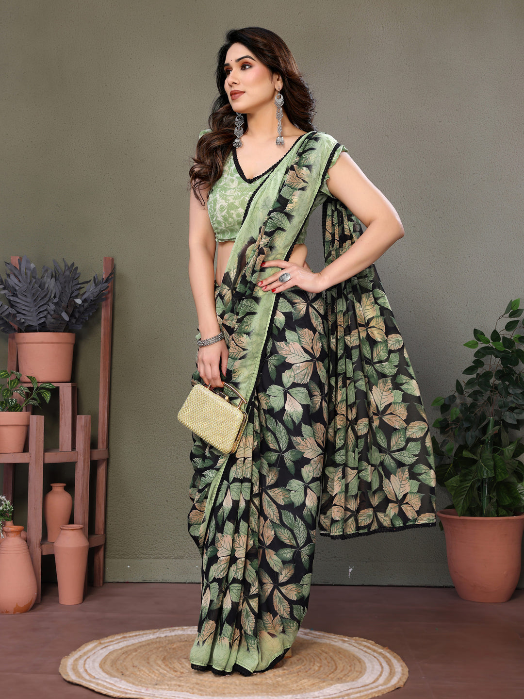Fabrica Vibe Sage Green Floral Leaf Printed Saree with Designer Blouse