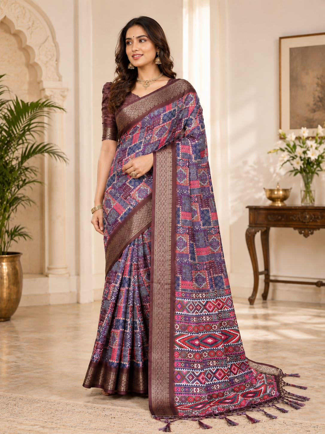 Fabrica Vibe Purple Floral Handwoven Cotton Saree with Unstitched Blouse Piece