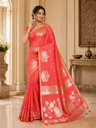 Fabrica Vibe Coral Pink Banarasi Inspired Silk Blend Saree with Golden Swan & Lotus Zari Weaving