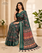Fabrica Vibe Women's Green Printed Soft Silk Saree with Woven Border & Designer Pallu
