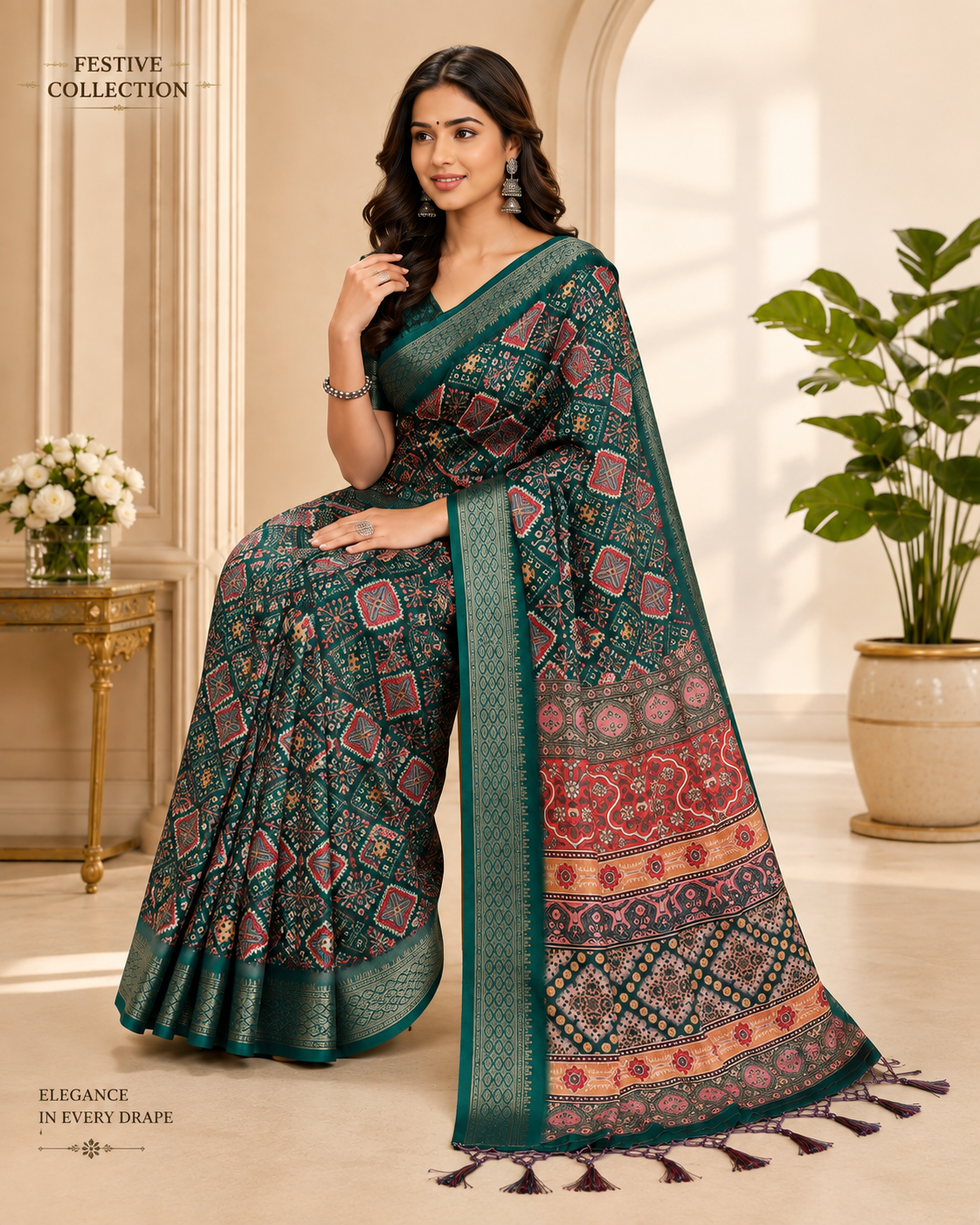 Fabrica Vibe Women's Green Printed Soft Silk Saree with Woven Border & Designer Pallu