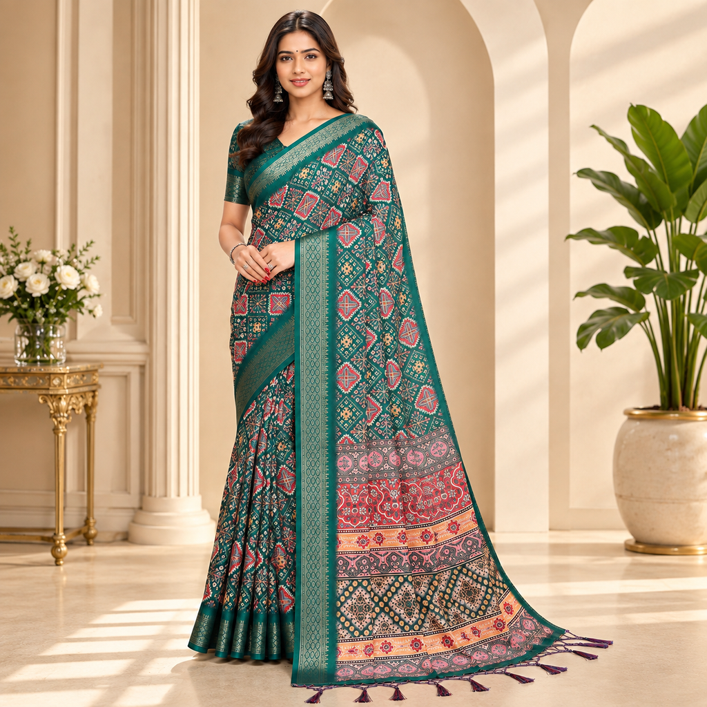 Fabrica Vibe Women's Green Printed Soft Silk Saree with Woven Border & Designer Pallu