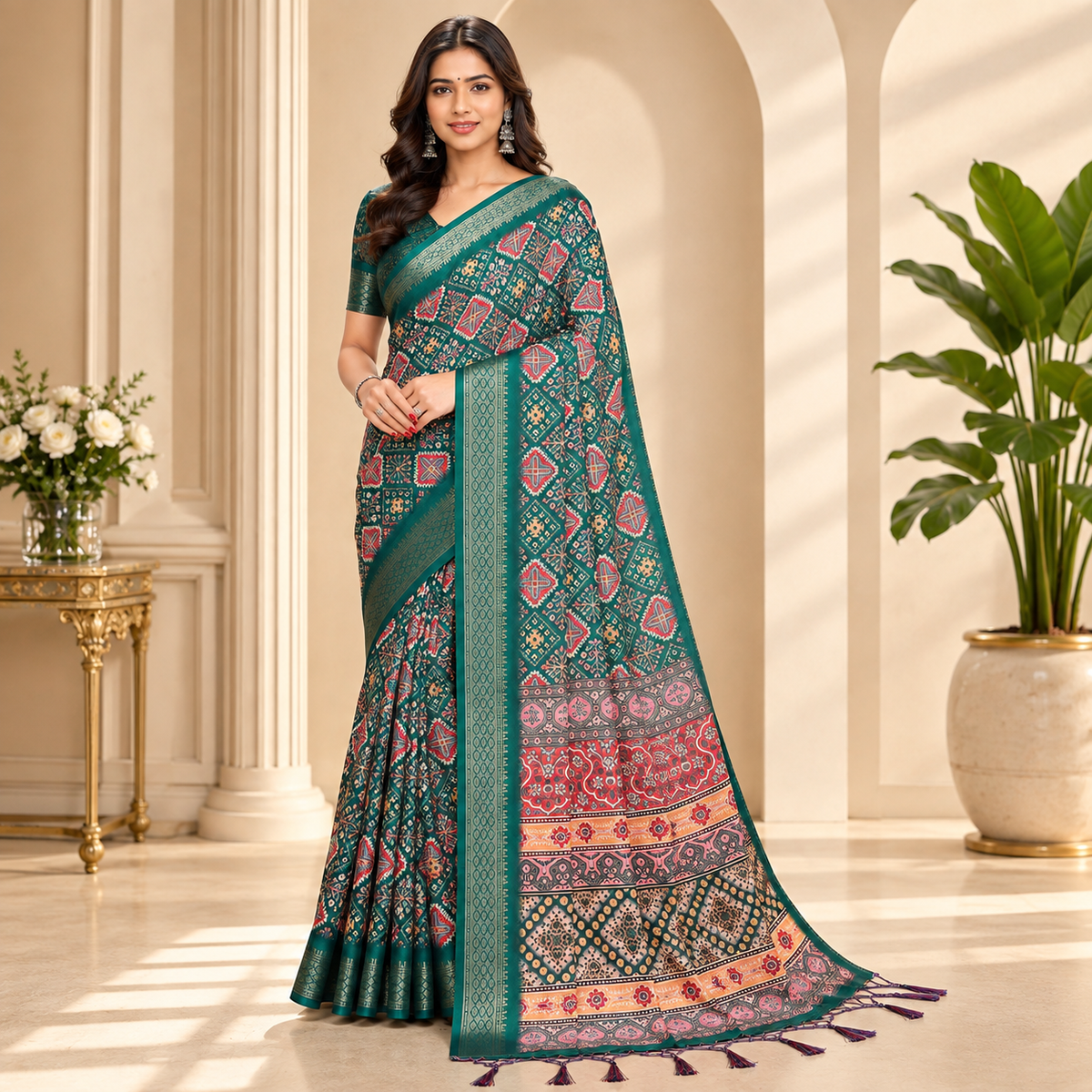 Fabrica Vibe Women's Green Printed Soft Silk Saree with Woven Border & Designer Pallu
