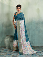Fabrica Vibe Teal Blue Handwoven Linen Saree with Floral & Bird Motifs