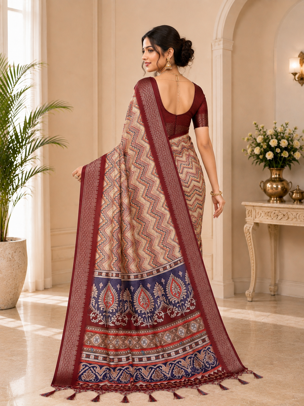 Fabrica Vibe Women's Premium Handwoven Cotton Chevron Woven Saree with Designer Border & Unstitched Blouse | Maroon Multi Traditional Handloom
