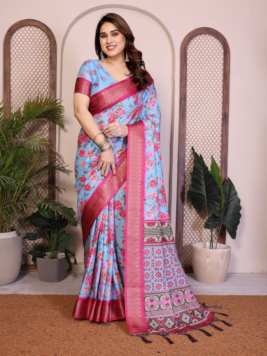 Fabrica Vibe Sky Blue Floral Handwoven Cotton Saree with Unstitched Blouse Piece
