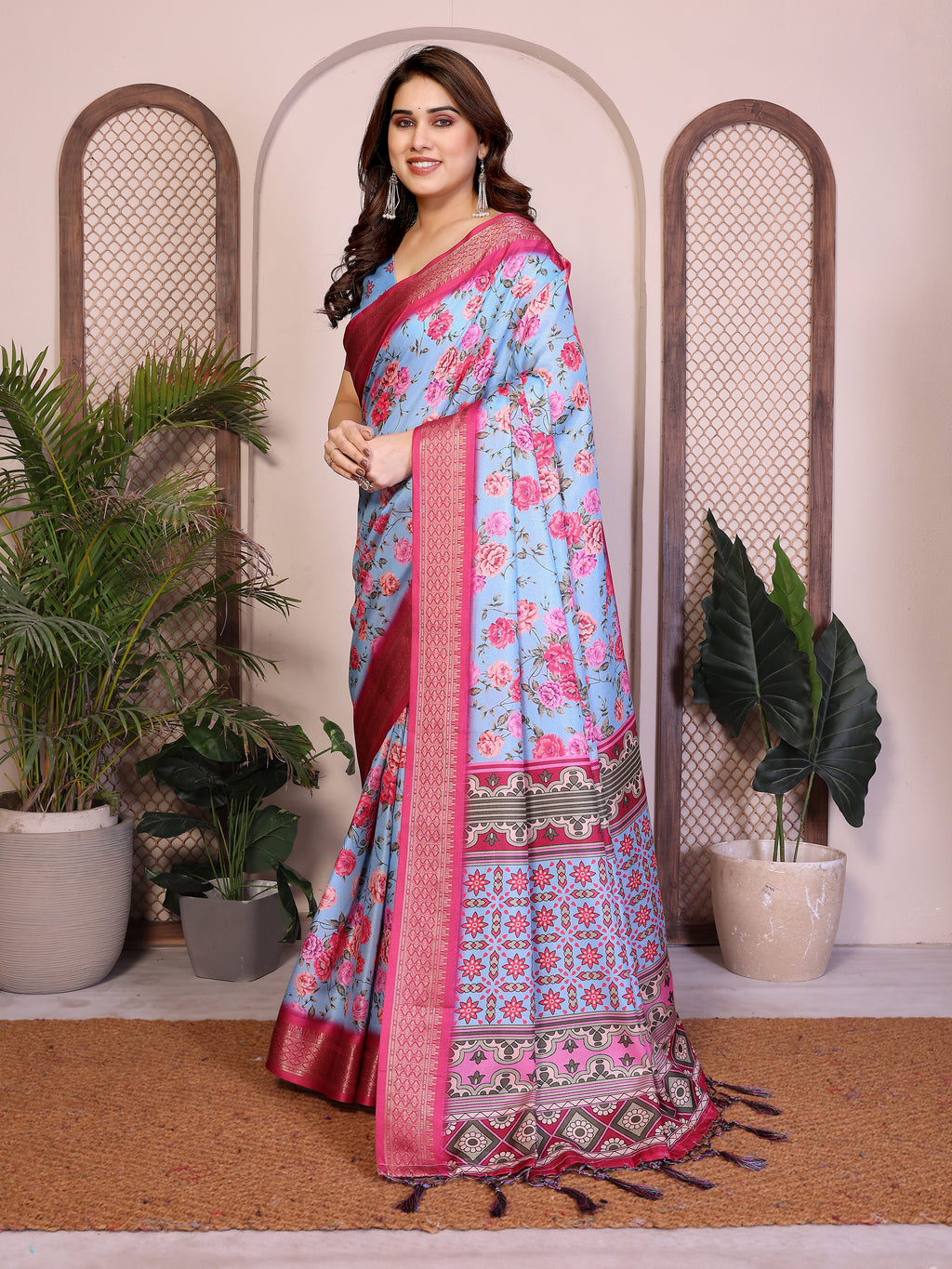 Fabrica Vibe Sky Blue Floral Handwoven Cotton Saree with Unstitched Blouse Piece