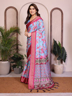Fabrica Vibe Sky Blue Floral Handwoven Cotton Saree with Unstitched Blouse Piece