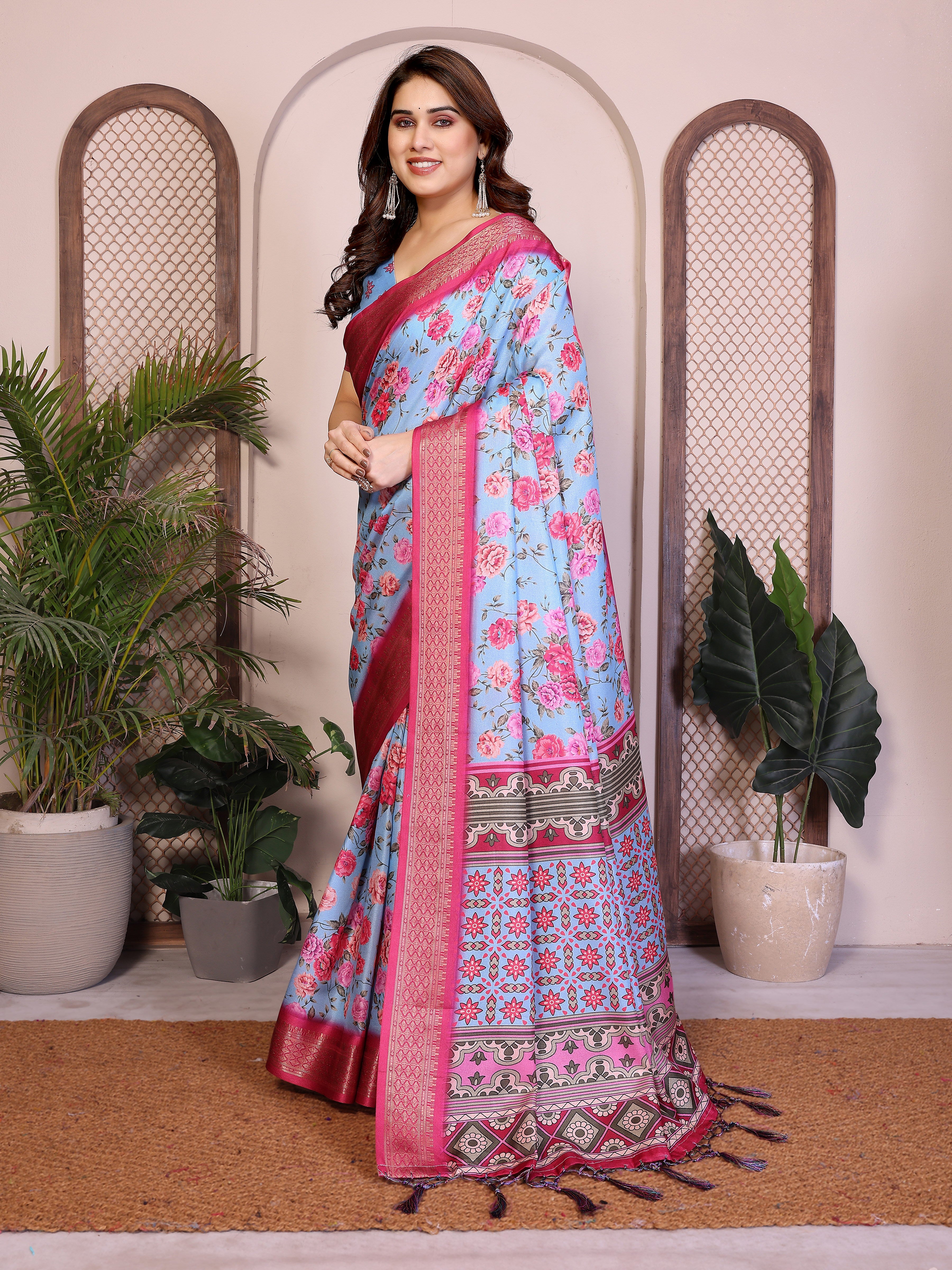 Fabrica Vibe Sky Blue Floral Handwoven Cotton Saree with Unstitched Blouse Piece